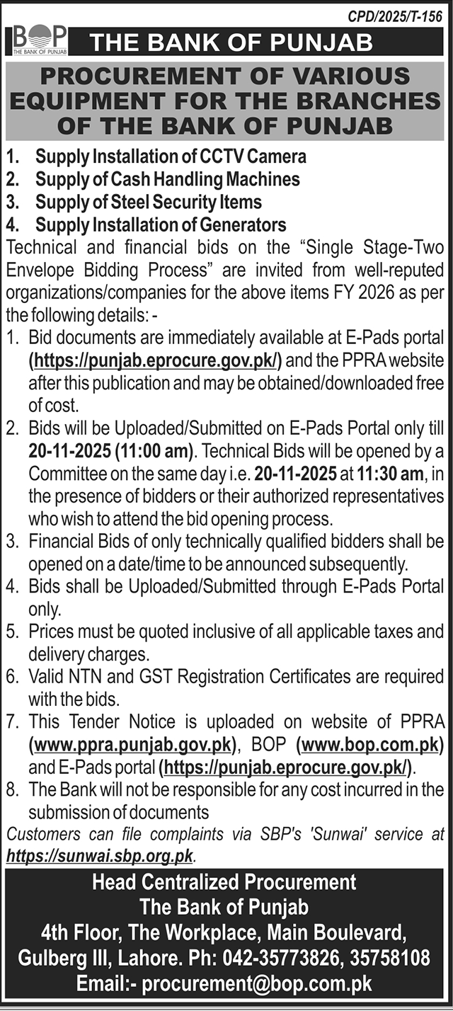 The Bank of Punjab Lahore Tender Notice